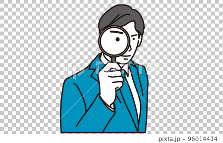 虫眼鏡を覗き込むビジネスマン	 虫眼鏡を覗き込むビジネスマン	 96014414