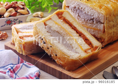 Crepes cake stuffed mush sweet taro and pork floss Crepes cake stuffed mush sweet taro and pork floss 96016185