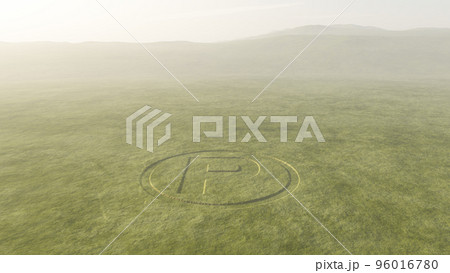 荒涼とした草原に刻まれたパーキングのサイン。あり得ない存在を描いたジョークのような風景。 荒涼とした草原に刻まれたパーキングのサイン。あり得ない存在を描いたジョークのような風景。 96016780