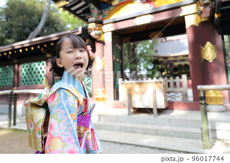 七五三で神社に参拝する7歳の女の子 96017744