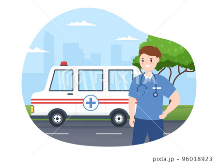 Medical Vehicle Ambulance Car or Emergency Service for Pick Up Patient the Injured in an Accident in Flat Cartoon Hand Drawn Templates Illustration 96018923
