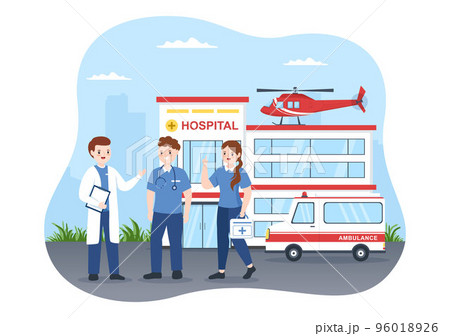 Medical Vehicle Ambulance Car or Emergency Service for Pick Up Patient the Injured in an Accident in Flat Cartoon Hand Drawn Templates Illustration 96018926
