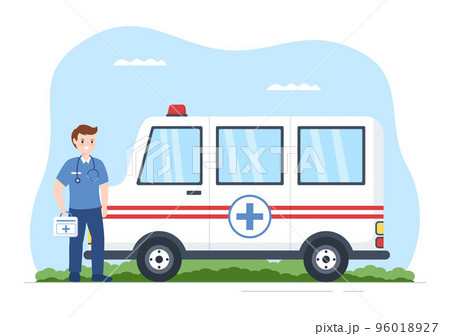 Medical Vehicle Ambulance Car or Emergency Service for Pick Up Patient the Injured in an Accident in Flat Cartoon Hand Drawn Templates Illustration Medical Vehicle Ambulance Car or Emergency Service for Pick Up Patient the Injured in an Accident in Flat Cartoon Hand Drawn Templates Illustration 96018927