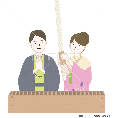 神社にお参りをする着物姿の男女 96018934