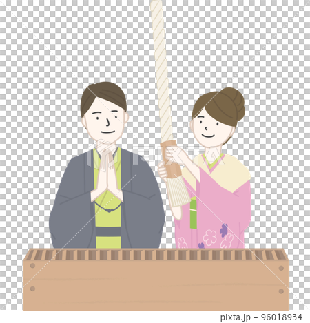 Men and women in kimonos visiting a shrine 96018934