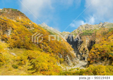 晴天の下で長野と岐阜の県境の西穂高岳稜線から見るアルプスの稜線　北アルプスの山々 96019484