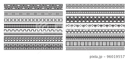 Seamless ethnic patterns and borders. Horizontal tribal stripes with ornaments of mexican, african and mayan traditional decor. Vector vintage collection. 96019557
