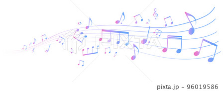カラフルな遠近感のある楽譜のフレームイラスト　五線譜　背景イラスト　音符、休符、音楽記号のイラスト 96019586