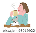 ホットドリンクを飲んで犬とリラックスする女性 96019922