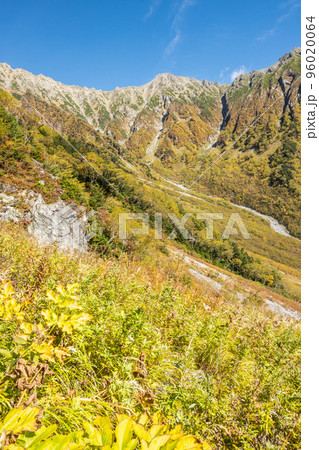晴天の下で長野と岐阜の県境の西穂高岳稜線から見るアルプスの稜線　北アルプスの山々 96020064