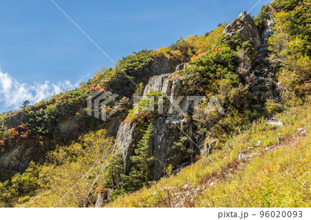 晴天の下で長野と岐阜の県境の西穂高岳稜線から見るアルプスの稜線　北アルプスの山々 96020093