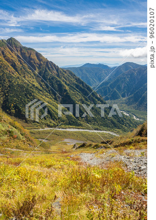 晴天の下で長野と岐阜の県境の西穂高岳稜線から見るアルプスの稜線　北アルプスの山々 96020107