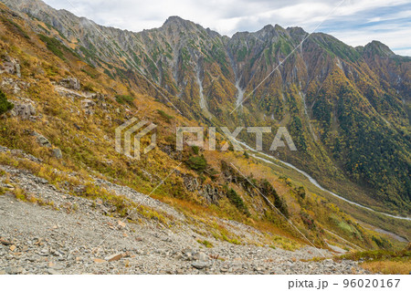 晴天の下で長野と岐阜の県境の西穂高岳稜線から見るアルプスの稜線 北アルプスの山々 晴天の下で長野と岐阜の県境の西穂高岳稜線から見るアルプスの稜線 北アルプスの山々 96020167