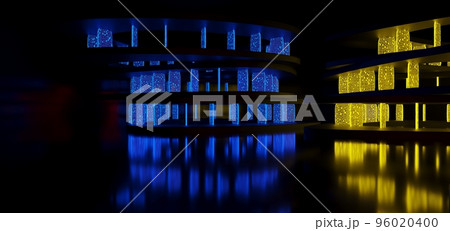 Abstract architectural minimalistic background. Laser show in the ultraviolet spectrum. Modern  impulse tunnel. Futuristic space sci-fi frame neon backlight. 3D illustration and rendering. 96020400