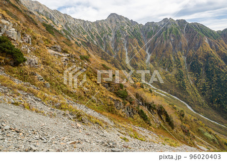 晴天の下で長野と岐阜の県境の西穂高岳稜線から見るアルプスの稜線　北アルプスの山々 96020403