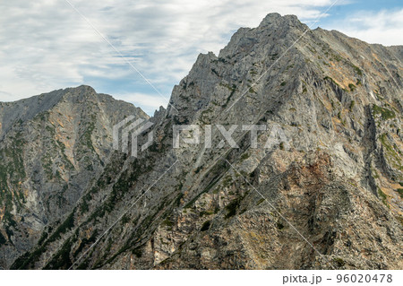 晴天の下で長野と岐阜の県境の西穂高岳稜線から見るアルプスの稜線　北アルプスの山々 96020478