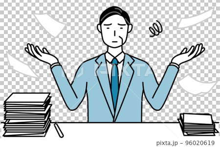 一位厭倦了雜亂工作的高級商人、經理、經理和總裁的簡單線條圖 96020619