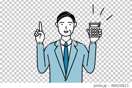 一位高級商人用計算器、經理/經理/總裁指點的簡單線條圖 96020621