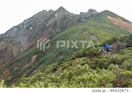 晴天の下で長野と岐阜の県境の西穂高岳稜線から見るアルプスの稜線 北アルプスの山々 晴天の下で長野と岐阜の県境の西穂高岳稜線から見るアルプスの稜線 北アルプスの山々 96020673