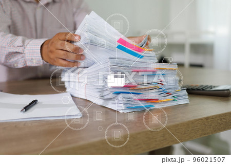 document paperwork analysis concept, manager work accounting storage datum file folder stack record report 96021507