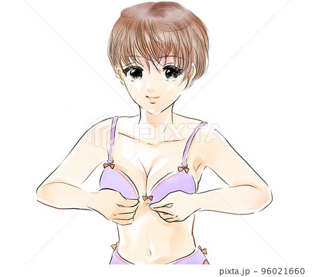 可愛いブラを試着するセクシーなショートヘアーの女の子モデルのカラー漫画イラスト 可愛いブラを試着するセクシーなショートヘアーの女の子モデルのカラー漫画イラスト 96021660