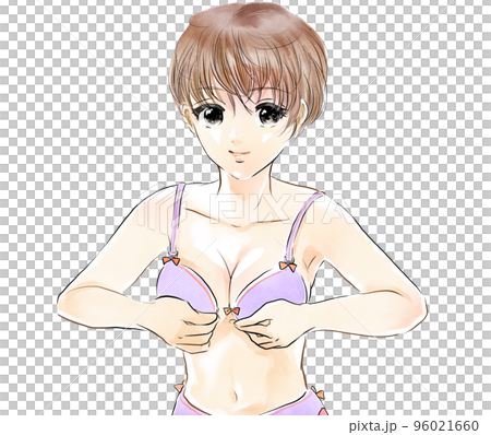 可愛いブラを試着するセクシーなショートヘアーの女の子モデルのカラー漫画イラスト 可愛いブラを試着するセクシーなショートヘアーの女の子モデルのカラー漫画イラスト 96021660