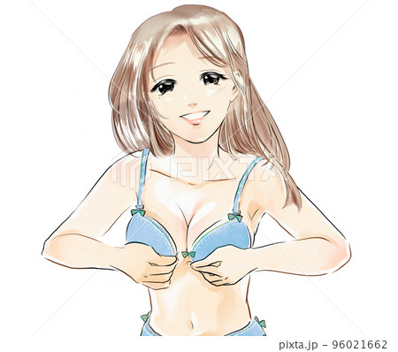 可愛いブラを試着するセクシーなロングヘアーの女の子モデルのカラー漫画イラスト 96021662