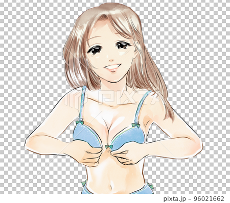 可愛いブラを試着するセクシーなロングヘアーの女の子モデルのカラー漫画イラスト 96021662