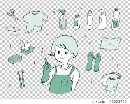 Illustration of a woman with cleaning supplies 96023722
