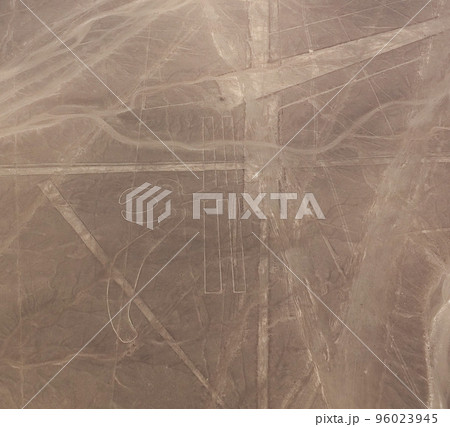 Aerial airplane panoramic view to Nazca geoglyph lines aka parrot , Ica, Peru Aerial airplane panoramic view to Nazca geoglyph lines aka parrot , Ica, Peru 96023945