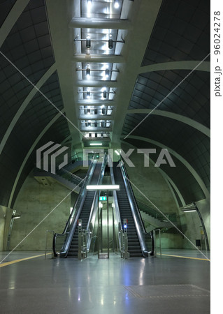 Futuristic subway station with guiding lines and an escalator near Heumarkt in Cologne, Germany Futuristic subway station with guiding lines and an escalator near Heumarkt in Cologne, Germany 96024278