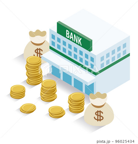 アイソメトリック_立体的で可愛い銀行とお金のイラスト 96025434