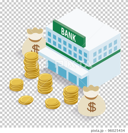 アイソメトリック_立体的で可愛い銀行とお金のイラスト 96025434