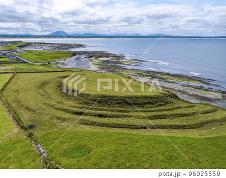 Aerial view of the historical Hut Site by Carrowhubbuck North Carrownedin close to Inishcrone, Enniscrone in County Sligo, Ireland. 96025559