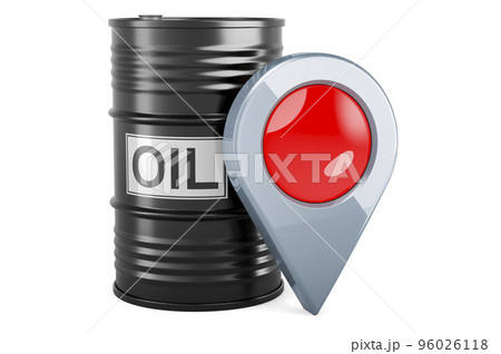 Oil barrel with map pointer, 3D rendering 96026118