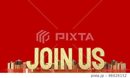 gold join us and gift box on red background 3d rendering gold join us and gift box on red background 3d rendering 96026152