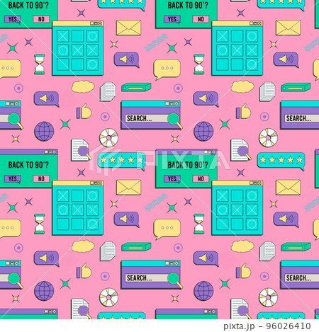 Vaporwave UI and UX elements seamless pattern. PC retro game frame. Nostalgic style 70s, 80s, 90s. Vaporwave UI and UX elements seamless pattern. PC retro game frame. Nostalgic style 70s, 80s, 90s. 96026410