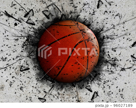コンクリート壁にめり込んだバスケットボールのボールの3dイラストレーションのイラスト素材
