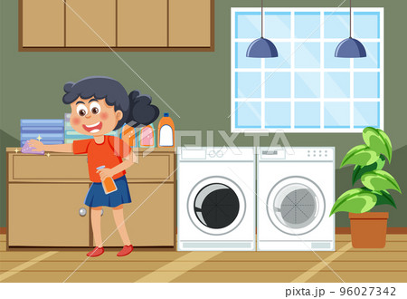 Girl doing laundry in the room Girl doing laundry in the room 96027342