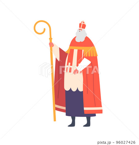 Holland Santa Claus Character in Red Traditional Costume and Curve Staff in Hand Isolated on White Background Holland Santa Claus Character in Red Traditional Costume and Curve Staff in Hand Isolated on White Background 96027426