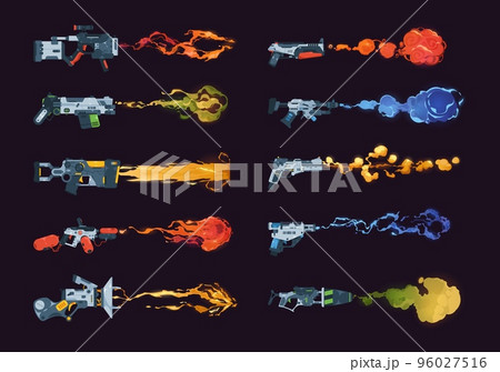 Futuristic shooting gun. Cartoon fantasy rifle weapon with laser blast for children game, alien space shotgun deadly flash plastic toy. Vector colorful set 96027516