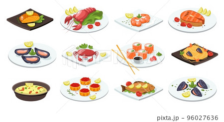 Fish meal. Cartoon seafood dishes traditional asian food, flat salmon roll lobster sushi mussel crab on plate japanese cuisine. Vector isolated set 96027636