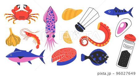Doodle seafood animals. Cartoon oyster crayfish octopus lobster tuna shellfish products for restaurant menu fish market banner design. Vector isolated set 96027649