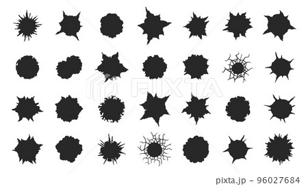 Black gunshot holes. Bullet shot damaged elements on metallic surface, gun pistol bullethole silhouettes target shooting torn crack elements. Vector set 96027684