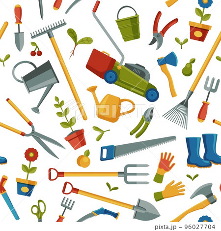 Gardening pattern. Seamless print of garden planting tools, abstract cartoon repeated background for wrapping textile fabric. Vector texture 96027704