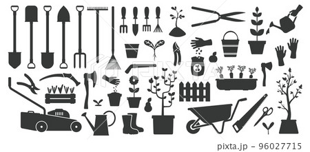 Black gardening tools. Flat garden instruments silhouettes, village agricultural equipment scissors axe shovel rake scoop pot. Vector simple set 96027715