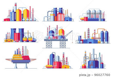 Oil industry constructions set. Petrochemical industrial buildings oil refinery factory icons, coal mining processing manufacturing objects. Vector collection 96027760