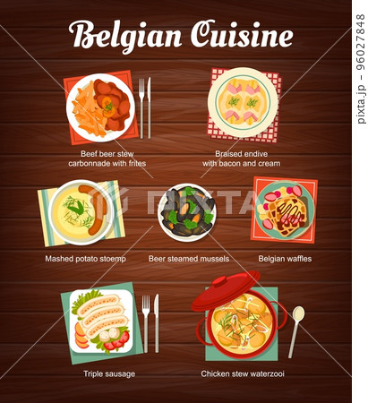 Belgian cuisine menu with food, lunch and dinner meals, vector restaurant poster. Belgium traditional food dishes, beer steamed mussels and Belgian waffles, braised endive with bacon and cream 96027848