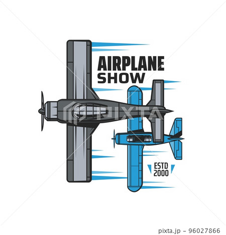 Airplane show icon with vintage propeller planes. Airshow event, aviation history exhibition vector emblem or icon with vintage propeller monoplanes, old military fighters or bombers planes 96027866