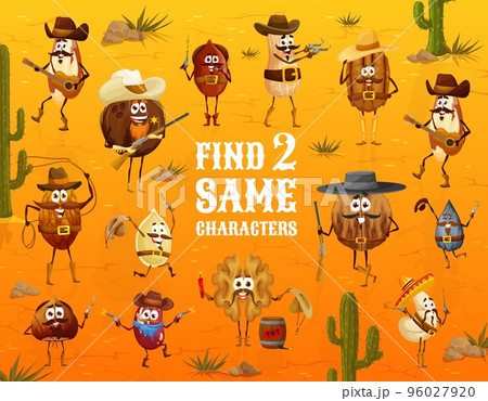 Wild west. Find two same cartoon cowboy, bandit and ranger nut characters. Quiz game vector worksheet with cashew and coconut, walnut, hazelnut and brazilian nut, pecan and almond, peanut cowboys 96027920